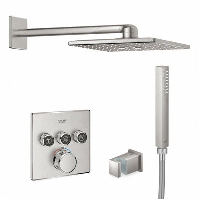GROHE SmartControl Ensemble de douche de pluie encastré – boîtiers d'encastrement – boutons anthracite – douche de tête carrée – douchette à main bâton – SuperSteel brossé