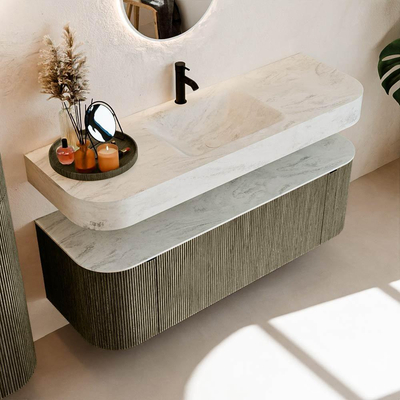 MONDIAZ THOR-DLUX 140cm meuble de salle de bains arrondi gauche + droite couleur Shadow avec 1 tiroir et 2 portes. Vasque suspendue CLOUD Milieu 1 trou de robinet couleur Opalo.