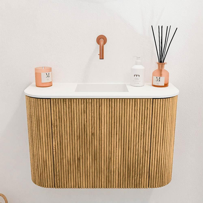 Mondiaz JOYA 63.2cm toiletmeubel - ronding links en rechts kleur Oak - Wastafel FAYE positie Midden Zonder kraangat kleur Talc.