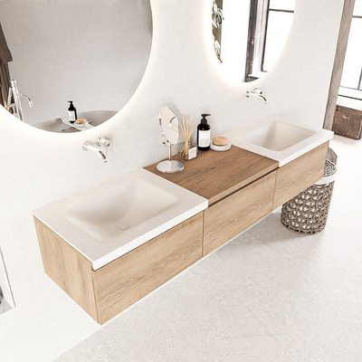 Mondiaz BUKLA badkamermeubelset 180x45x34cm 0 kraangaten 2 wasbakken solid surface Talc greeploos 3 lades met softclose Melamine Washed Oak