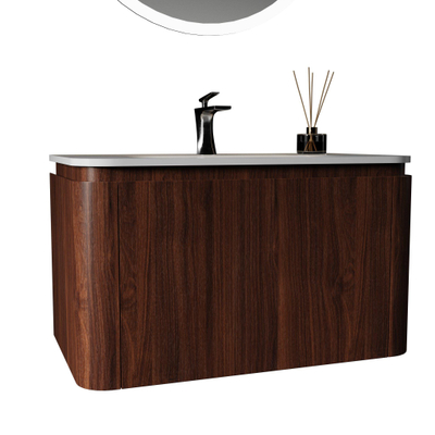 Royal Plaza Terra Badkamermeubelset - 80x47x46cm - solid surface wastafel wit mat - 1 wasbak - 1 kraangat - 2 lades - kastanje (walnoot)