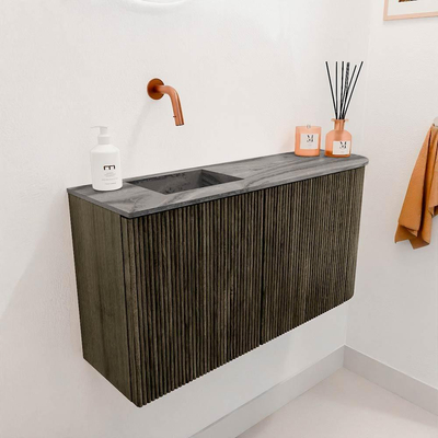 Mondiaz JOYA-DLUX Meuble de toilette 81,6cm - arrondi droit couleur Shadow - Vasque FAYE position Gauche Sans trou de robinet couleur Sombra