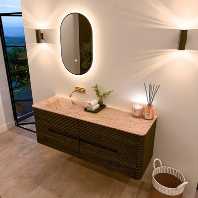 Mondiaz CIRO-DLUX Meuble de salle de bains - 140x45x50cm - Plan vasque Solid surface Arena - 1 vasque à gauche - sans trous de robinet - 4 tiroirs - Shadow