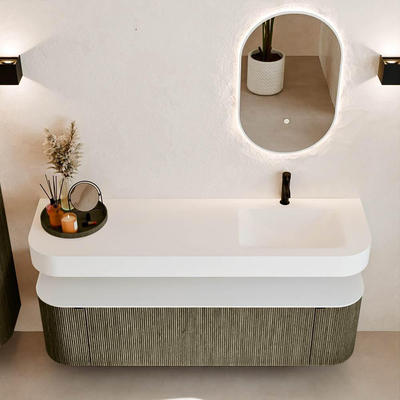 MONDIAZ THOR Meuble de salle de bains 160cm arrondi gauche + droite couleur Shadow avec 1 tiroir et 2 portes. Vasque suspendue CLOUD Droite 1 trou de robinet couleur Talc.