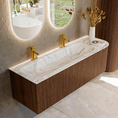 MONDIAZ KURVE-DLUX 145cm badmeubel met module 25 R kleur Walnut met 1 lade en 1 deur. Wastafel BIG LARGE links 2 kraangaten kleur Glace.