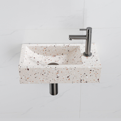FugaFlow Eccelente Pietra Ensemble fontaine - 40x22x10cm - trou de robinet à droite - robinet de fontaine brossé gunmetal PVD - bouchon de vidange - siphon abaissé - beige mat
