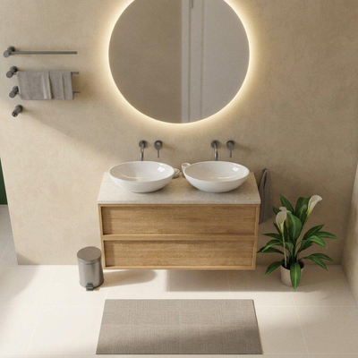 Saniclass Holz Frame Ensemble de meubles de salle de bains - 120x45x63cm - Plan de toilette en pierre naturelle travertin - sans trou de robinet - 2 tiroirs - chêne naturel mat (bois)