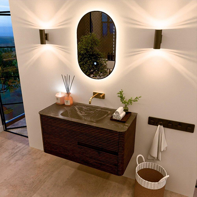 Mondiaz CIRO-DLUX Badkamermeubelset - 100x45x50cm - Solid surface wastafel Lava - 1 wasbak Midden - zonder kraangaten - 2 lades - Walnut