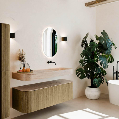 MONDIAZ THOR-DLUX 140cm meuble de salle de bains arrondi gauche + droite couleur Dusk avec 1 tiroir et 2 portes. Vasque suspendue CLOUD Droite sans trou de robinet couleur Saba.