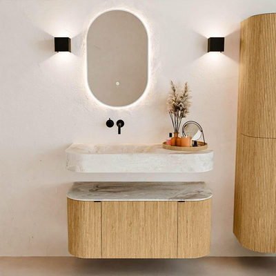MONDIAZ THOR-DLUX 100cm badmeubel ronding links + rechts kleur Oak met 1 lade en 2 deuren. Vrijhangende wastafel CLOUD Links zonder kraangat kleur Frappe.