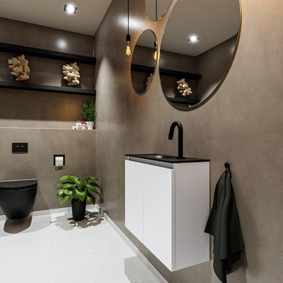 MONDIAZ TURE Fonteinset - 60x23x50cm - 1 kraangat - 2 deuren - talc mat - Wasbak midden - Solid Surface Zwart