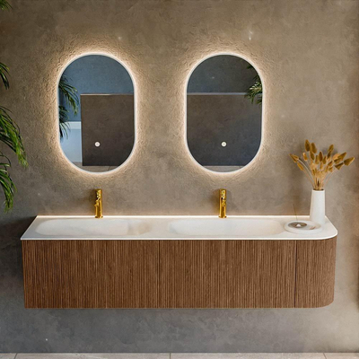 MONDIAZ KURVE 175cm Meuble salle de bain avec module 25 D - couleur Walnut - 2 tiroirs - 1 porte - vasque BIG SMALL double / gauche - 2 trous de robinet - Talc