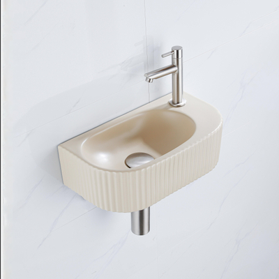 Fugaflow Efficiente Pietra Ensemble lave-mains - 40x21.5x12cm - droite - nervuré - semi-circulaire - 1 trou de robinet - céramique - robinet de lave-mains inox brossé - bonde - siphon réduit - beige