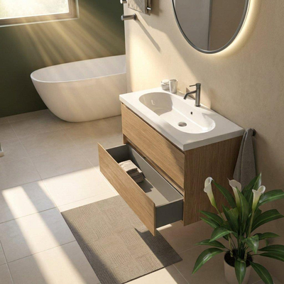 Saniclass Holz Pure Ensemble meuble de salle de bains - 100x45x63.5cm - lavabo en céramique Palermo blanc - 1 vasque - 1 trou de robinet - 2 tiroirs - chêne natural mat (bois)
