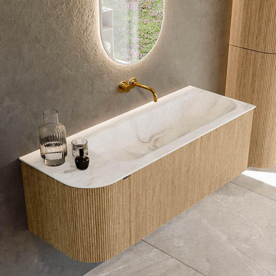 MONDIAZ KURVE-DLUX Meuble de salle de bains 125 cm avec module 25 L couleur Chêne avec 1 tiroir et 1 porte. Lavabo BIG MEDIUM à droite sans trou de robinet couleur Frappe.