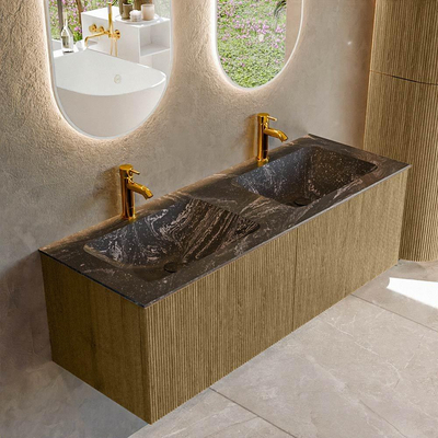 Mondiaz KURVE-DLUX Badkamermeubelset - 130x46x40cm - 2 lade - wastafel solid surface - dubbel - 2 kraangaten - Dusk