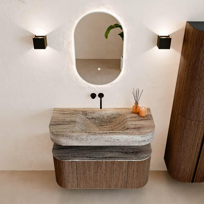 MONDIAZ THOR-DLUX 100cm badmeubel ronding links + rechts kleur Walnut met 1 lade en 2 deuren. Vrijhangende wastafel CLOUD Midden zonder kraangat kleur Oza.