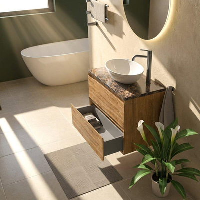 Saniclass Holz Pure Ensemble de meubles de salle de bains - 80x45x63cm - Plan de travail en pierre naturelle Noche dark emperador - 1 trou de robinetterie - 2 tiroirs - chêne natural mat (bois)
