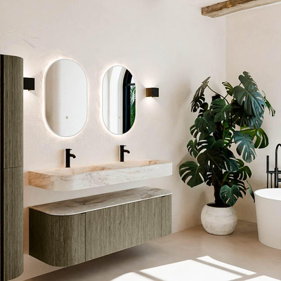 MONDIAZ THOR-DLUX 140cm meuble de salle de bains arrondi gauche + droite couleur Shadow avec 1 tiroir et 2 portes. Vasque suspendue CLOUD Double 2 trous de robinet couleur Frappe.