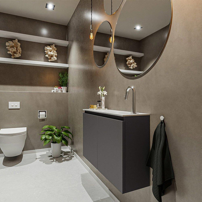 MONDIAZ TURE Kit lave-mains - 80x23x50cm - 1 trou de robinet - 2 portes - gris foncé mat - Lavabo à droite - Acrylique Blanc