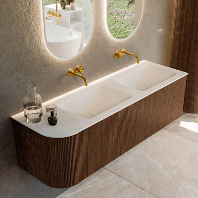 MONDIAZ KURVE 145cm meuble de salle de bains avec module 25 L couleur Walnut avec 1 tiroir et 1 porte. Lavabo CLOUD double / à droite sans trou de robinet Talc.