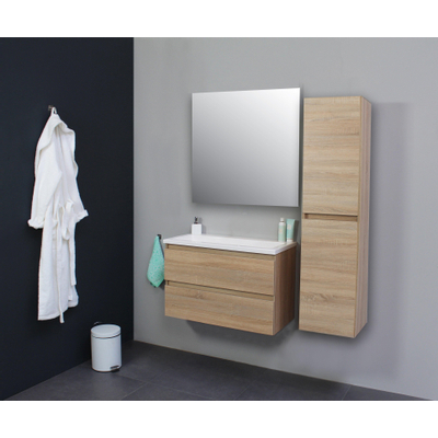 Basic Bella Meuble avec lavabo acrylique 80x55x46cm sans trou de robinet avec miroir Chêne