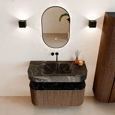 MONDIAZ THOR-DLUX Meuble de salle de bains - 100cm - arrondi gauche + droite - couleur Walnut - 1 tiroir et 2 portes - Vasque suspendue CLOUD Milieu sans trou de robinet - couleur Lava