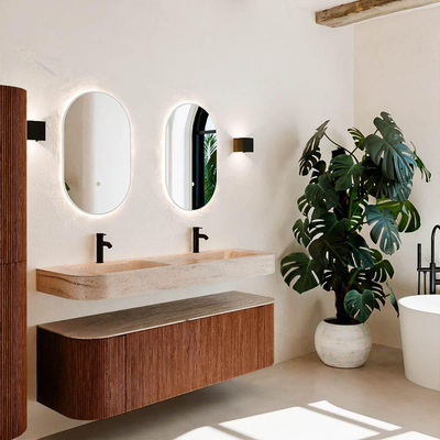 MONDIAZ THOR-DLUX 150cm meuble de salle de bains arrondi gauche + droite couleur Ruby avec 1 tiroir et 2 portes. Vasque suspendue CLOUD Double 2 trous de robinet couleur Saba.