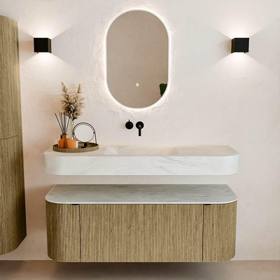 MONDIAZ THOR-DLUX 130cm meuble de salle de bains arrondi gauche + droite couleur Dusk avec 1 tiroir et 2 portes. Vasque suspendue CLOUD Milieu sans trou de robinet couleur Opalo.