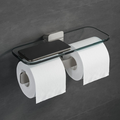 Geesa Shift Porte-papier toilette double avec tablette Inox brossé et verre transparent