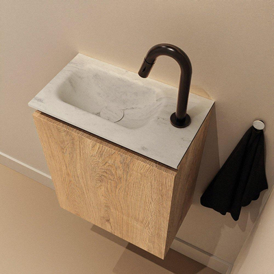 MONDIAZ TURE-DLUX Meuble toilette - 40cm - Washed Oak - EDEN - vasque Opalo - position gauche - 1 trou de robinet