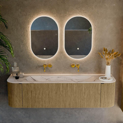 MONDIAZ KURVE-DLUX Meuble de salle de bains 170cm arrondi Gauche + Droite couleur Dusk avec 1 tiroir et 2 portes. Lavabo BIG LARGE Central sans trou de robinet Nata.