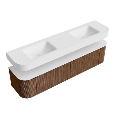 MONDIAZ THOR Meuble de salle de bains 190cm arrondi gauche + droite couleur Walnut avec 2 tiroirs et 2 portes. Vasque suspendue CLOUD Double 2 trous de robinet couleur Talc.