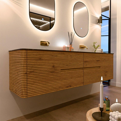 Mondiaz CIRO-DLUX Meuble de salle de bains - 190x45x50cm - lavabo solid surface Lava - 2 vasques double - sans trous de robinet - 4 tiroirs - Chêne