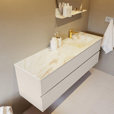 Mondiaz VICA-DLUX Ensemble de meuble de salle de bain - 150cm - meuble sous-vasque lin - 2 tiroirs - lavabo encastrée cloud droite - 1 trou de robinet - version haute de 60cm - frape