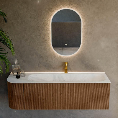 MONDIAZ KURVE-DLUX 145cm Meuble salle de bain avec module 25 G - couleur Walnut - 1 tiroir - 1 porte - vasque BIG LARGE droite - 1 trou de robinet - couleur Opalo