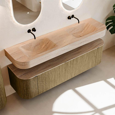 MONDIAZ THOR-DLUX Meuble de salle de bains - 170cm - arrondi gauche + droite - couleur Dusk - 1 tiroir - 2 portes - Vasque suspendue CLOUD Double sans trou de robinet - couleur Saba