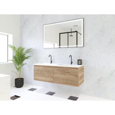 HR Matrix ensemble meuble de salle de bain 3d 120cm 2 tiroirs sans poignée avec bandeau couleur chêne français avec vasque fine double 2 robinets blanc mat