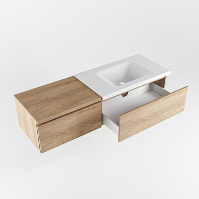 MONDIAZ BUKLA meuble de salle de bain 140 cm avec module 60 couleur Chêne blanchi avec 2 tiroirs. Lavabo CLOUD à droite 1 trou de robinet couleur Talc.