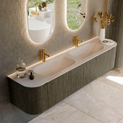 MONDIAZ KURVE-DLUX Meuble de salle de bains 190cm arrondi Gauche + Droite couleur Shadow avec 2 tiroirs et 2 portes. Lavabo STOR SMALL Double 2 trous de robinet Meli.