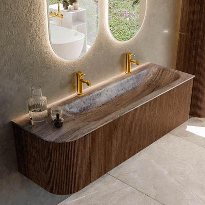 MONDIAZ KURVE-DLUX 145cm badmeubel ronding Links kleur Walnut met 1 lade en 1 deur. Wastafel BIG LARGE Rechts 2 kraangaten Oza.
