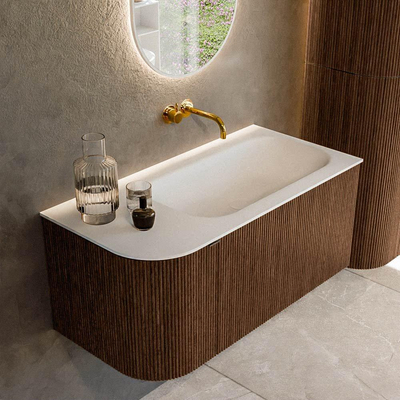MONDIAZ KURVE 95cm Meuble salle de bain avec module 25 G - couleur Walnut - 1 tiroir - 1 porte - vasque BIG SMALL droite - sans trous de robinet - Talc