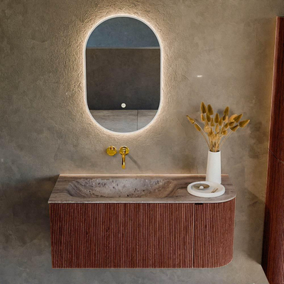 MONDIAZ KURVE-DLUX Meuble de salle de bains 105cm arrondi à droite couleur Ruby avec 1 tiroir et 1 porte. Lavabo BIG SMALL à gauche sans trou de robinet Oza.