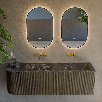 Mondiaz KURVE-DLUX Ensemble de meuble salle de bain - 145x46x40cm - 1 tiroir - 1 porte - lavabo en solid surface - double / droite - sans trou de robinet - Shadow