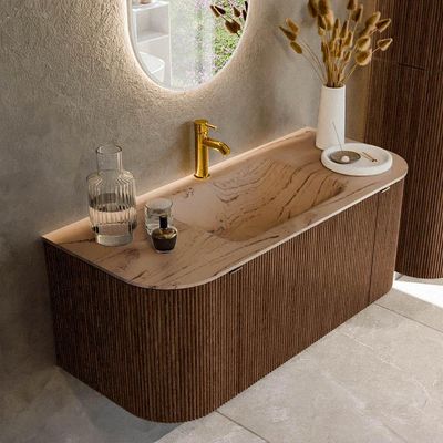 MONDIAZ KURVE-DLUX Meuble de salle de bains 110cm arrondi gauche + droite couleur Walnut avec 1 tiroir et 2 portes. Lavabo CLOUD central 1 trou de robinet Arena.
