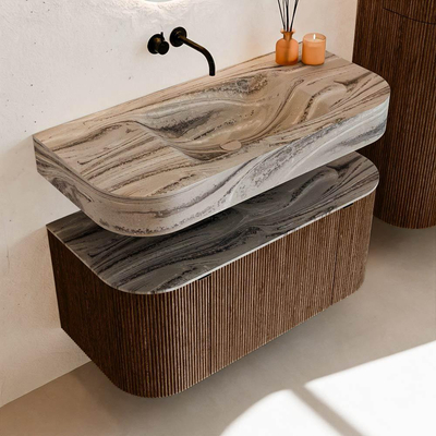 MONDIAZ THOR-DLUX 100cm badmeubel ronding links + rechts kleur Walnut met 1 lade en 2 deuren. Vrijhangende wastafel CLOUD Midden zonder kraangat kleur Sombra.