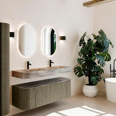 MONDIAZ THOR-DLUX 140cm meuble de salle de bains arrondi gauche + droite couleur Shadow avec 1 tiroir et 2 portes. Vasque suspendue CLOUD Double 2 trous de robinet couleur Oza.