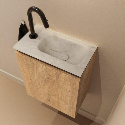 MONDIAZ TURE-DLUX Meuble toilette - 40cm - Washed Oak - EDEN - vasque Opalo - position droite - 1 trou de robinet