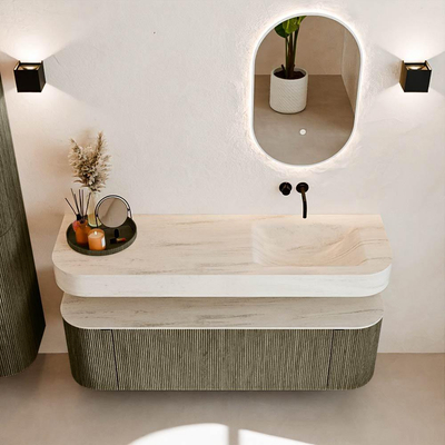 MONDIAZ THOR-DLUX 150cm badmeubel ronding links + rechts kleur Shadow met 1 lade en 2 deuren. Vrijhangende wastafel CLOUD Rechts zonder kraangat kleur Meli.