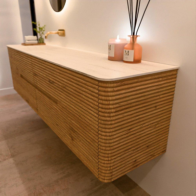 Mondiaz CIRO-DLUX Ensemble de meubles de salle de bains - 190x45x50cm - Vasque en solid surface Meli - 1 lavabo à gauche - sans trous de robinet - 4 tiroirs - Chêne